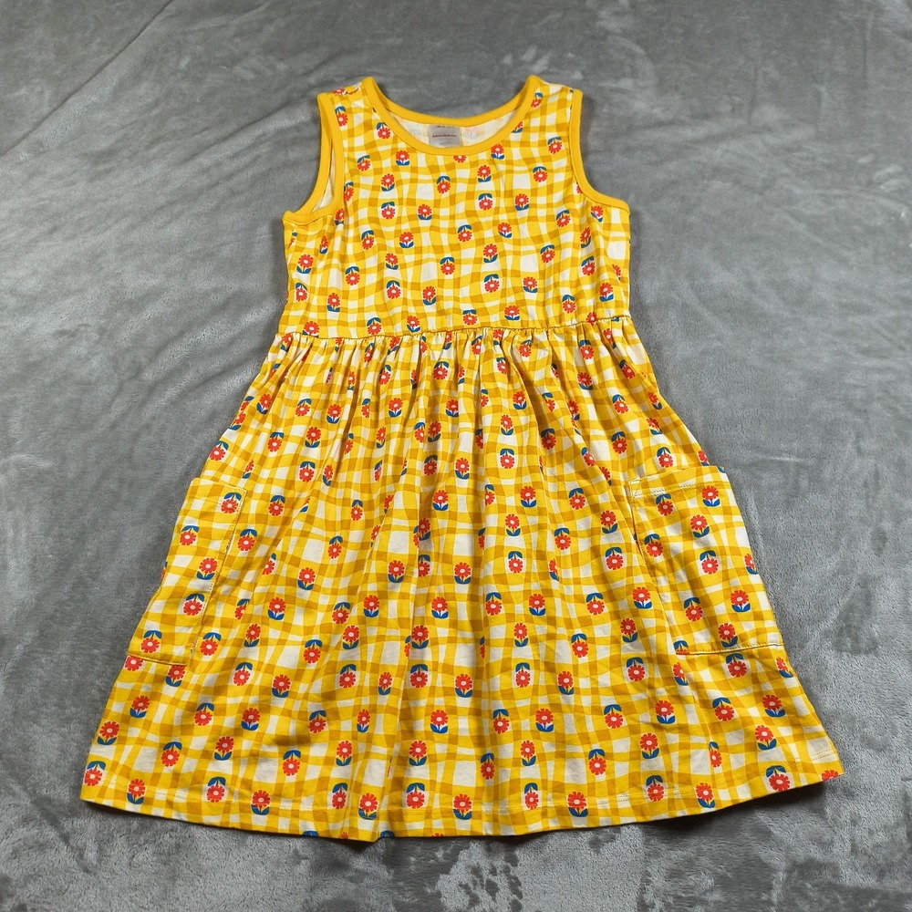 Hanna Andersson Dress Girl 10 Yellow Sleeveless Print Pocket Wavy Daisy Colorful